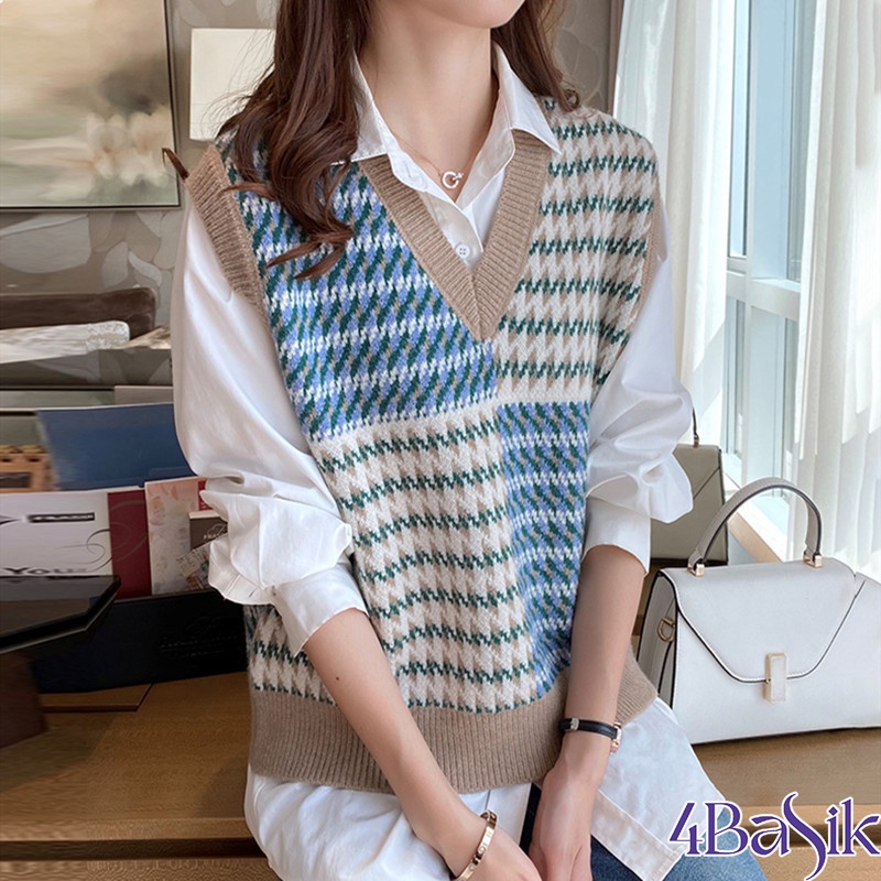 Áo gile nữ 4BASIC, áo len chất dày dặn họa tiết ziczac phối màu phong cách Hàn Quốc siêu xinh - Len01