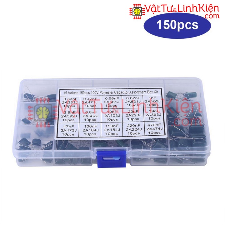 Bộ 150 chiếc tụ điện màng Polyester 100V 15 giá trị, 33nf-470nF