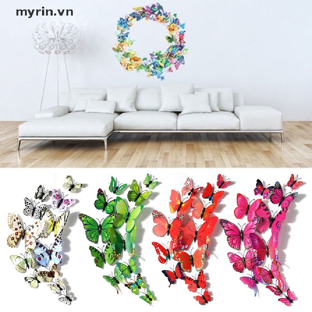 12 Miếng Dán Tường Trang Trí Hình Bướm 3D Tháo Rời Được