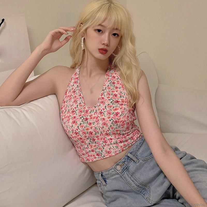 Áo croptop chiffon họa tiết hoa phối dây buộc thời trang Hàn Quốc gợi cảm cho nữ