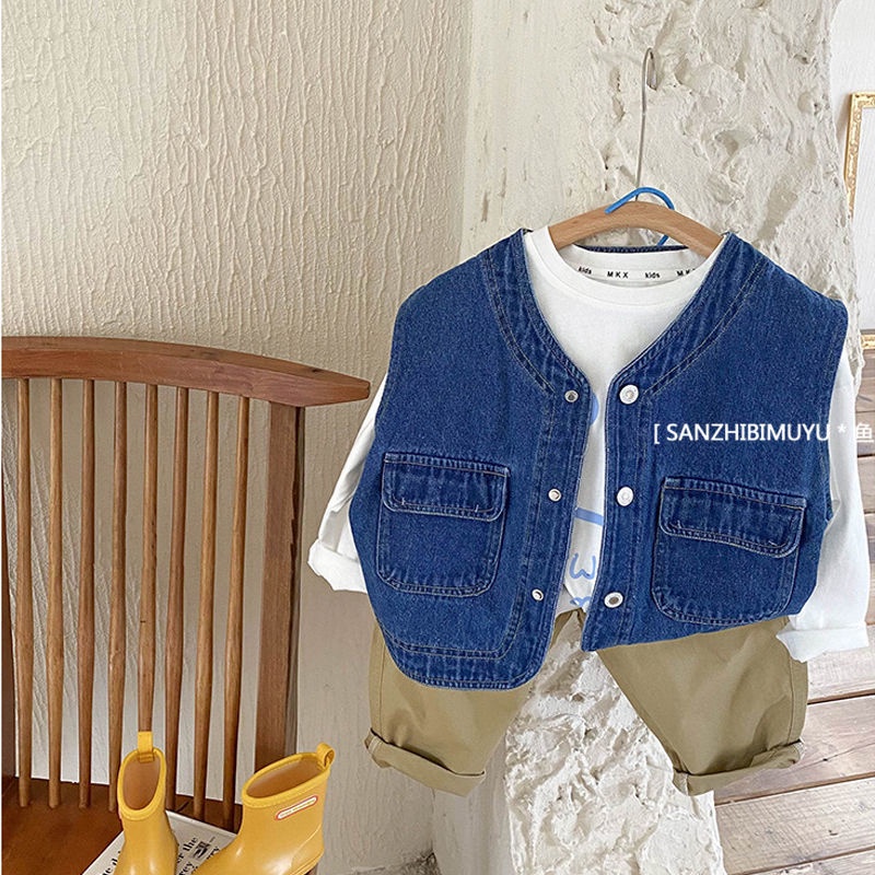 Áo Khoác Denim Không Tay Phong Cách Thời Trang Nhật Hàn Mới 2022 Dành Cho Bé Trai Gái