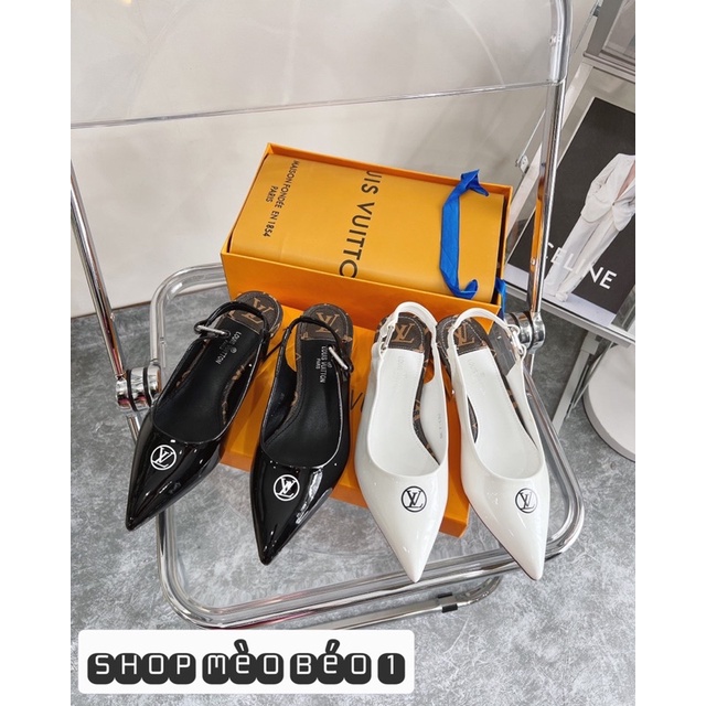 Sandal lv mũi nhọn gót gương đế vuông fullbox