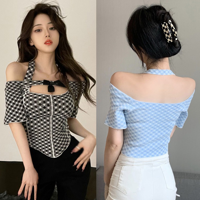 Áo Kiểu Trễ Vai Tay Ngắn Họa Tiết Sọc Caro Phong Cách Hàn Quốc Thời Trang Cho Nữ
