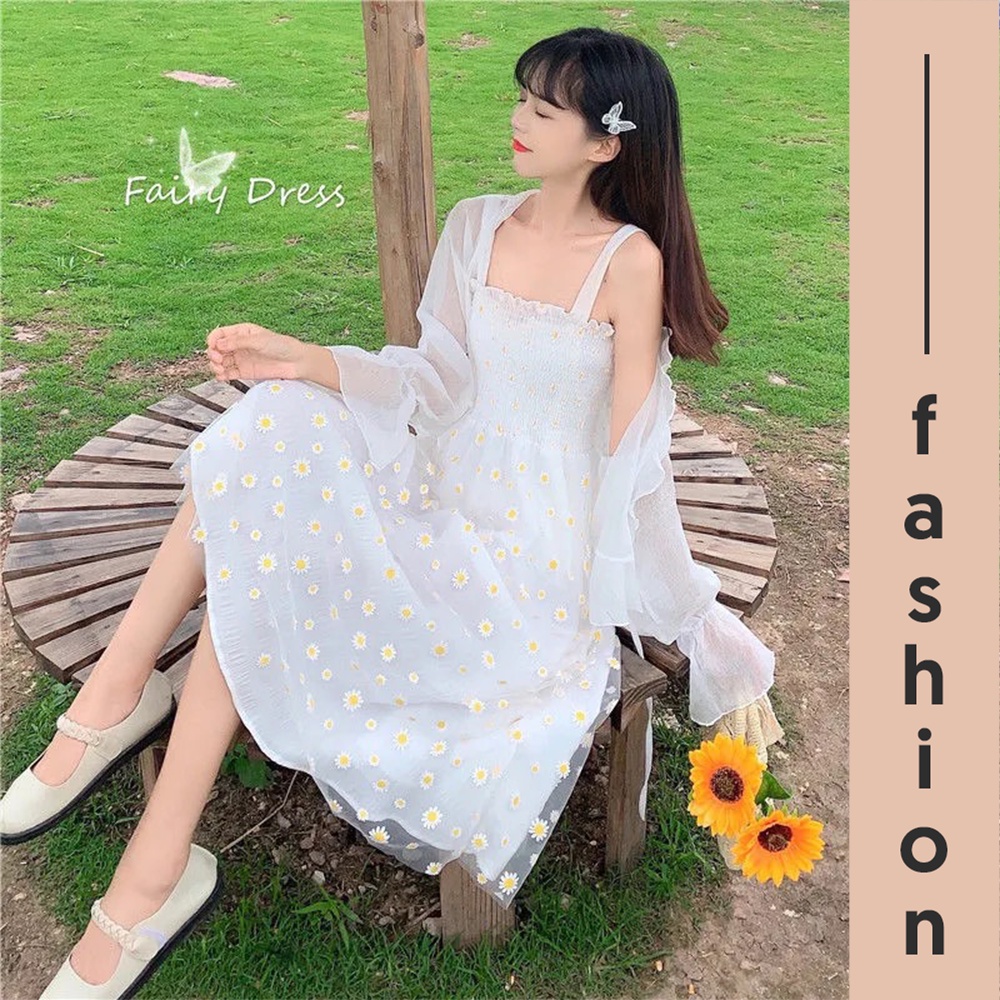 (SẴN) Váy / Đầm 2 dây xòe lưới dáng dài mix áo khoác Cardigan mỏng họa tiết hoa cúc dễ thương V00198 | BigBuy360 - bigbuy360.vn