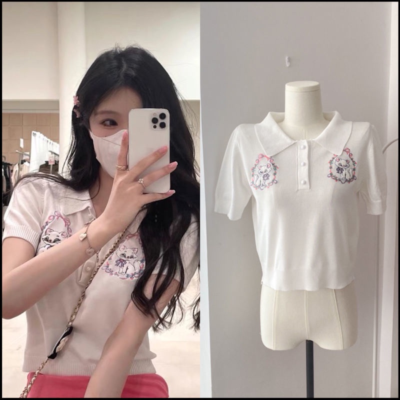 Áo Sweater Dệt Kim Ngắn Tay Cổ Polo Thêu Hình Mèo Đáng Yêu Thời Trang Mùa Hè Cho Nữ
