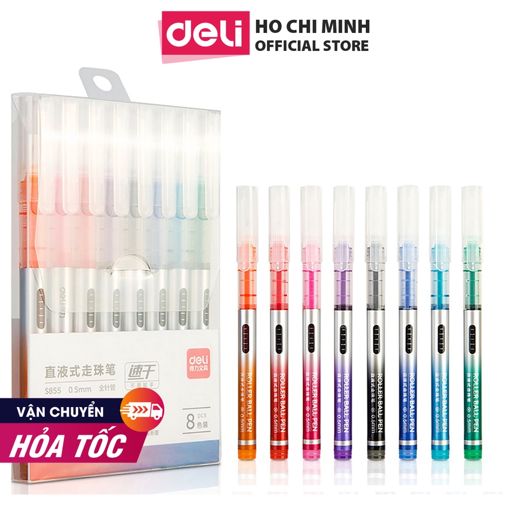 [Mã LIFEDELI20K5 giảm 20K đơn 0Đ] Bút gel nhiều màu Deli - 0.5mm - Mực trơn đều - 8 màu 8 chiếc/Hộp - 1 hộp - S855