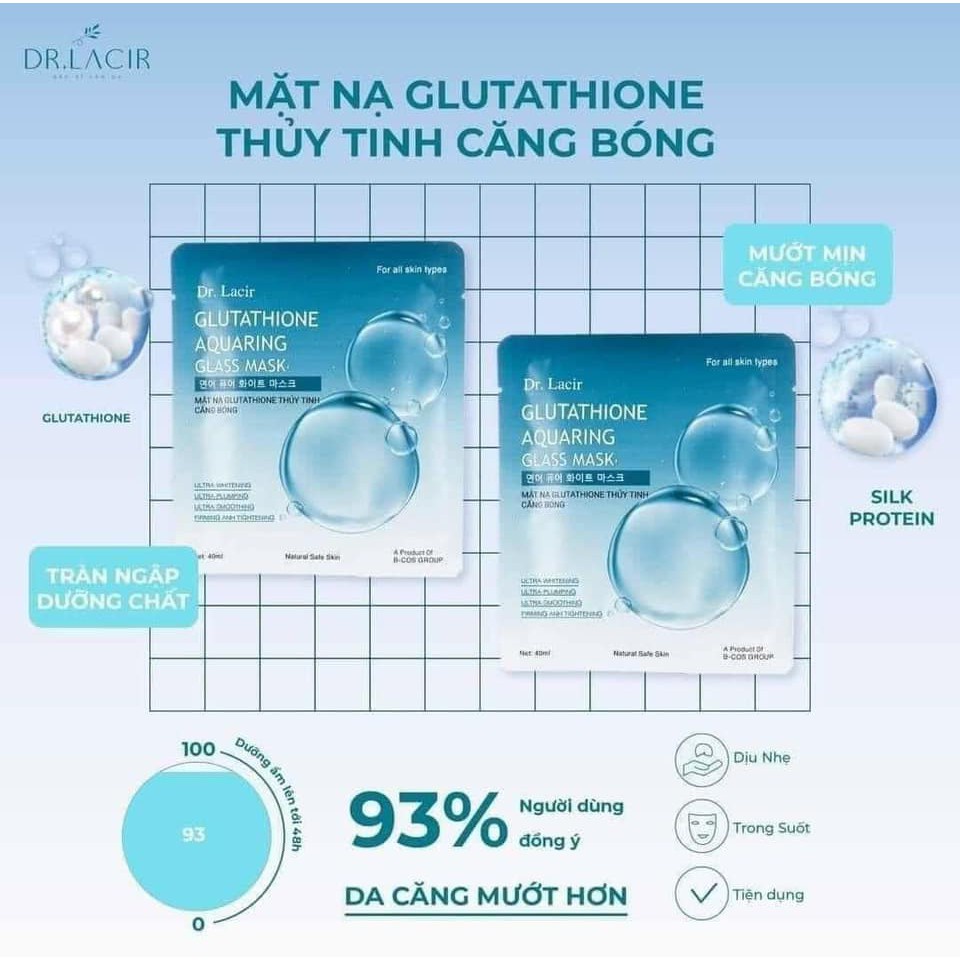 Mặt nạ thuỷ tinh cấp ẩm Dr. Lacir Glutathione dưỡng da căng bóng trắng mịn hộp 6 miếng LM01