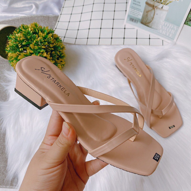Dép guốc quai mảnh xỏ ngón quai chéo gót vuông 4p da lì mềm đẹp