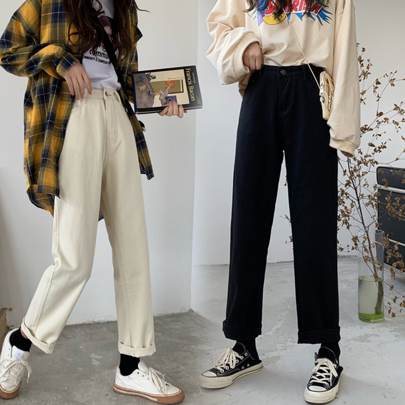 Quần jeans ống đứng nữ cạp cao tôn dáng quần 9 phân chân màu đen