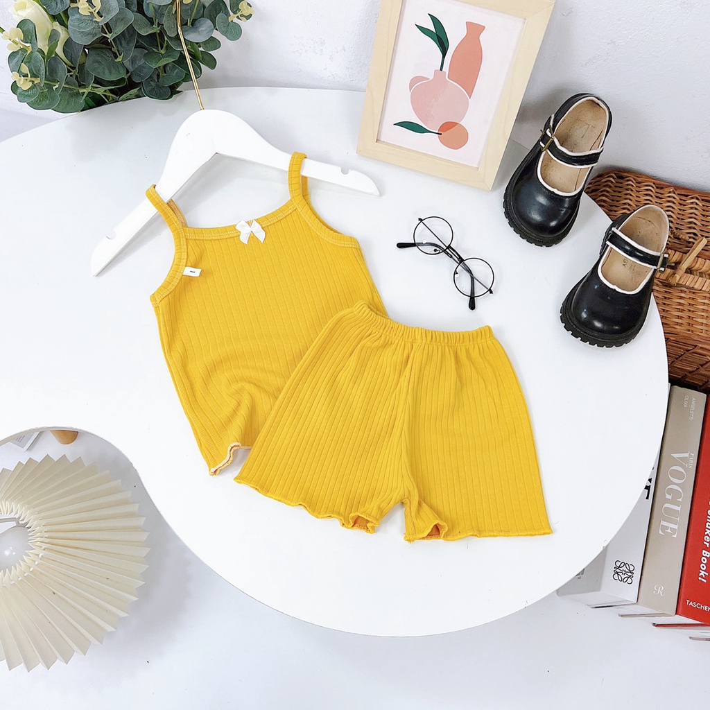 Bộ quần áo bé gái, Set bộ áo hai dây và quần short sọc tăm chất thun cotton cho bé từ 7 đến 18 kg, SUN KID'S