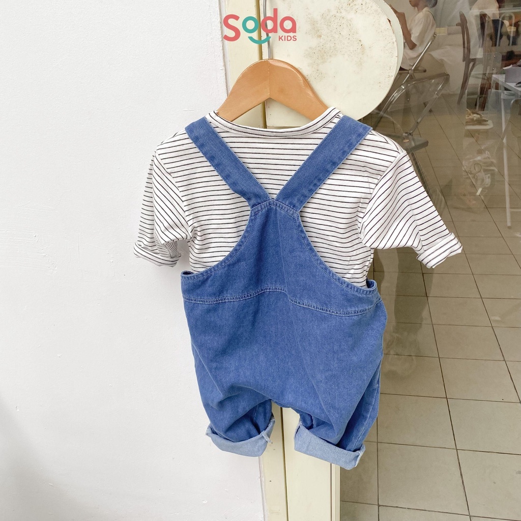 Yếm bò cho bé tặng kèm áo kẻ dài tay SODA KIDS đính gấu dễ thương phong cách Hàn Quốc năng động