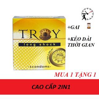 [MUA 1 TẶNG 1] 1 Bao cao su TROY Long Shock kéo dài thời gian (hộp 3 cái) + TẶNG 1 HỘP PRETEX