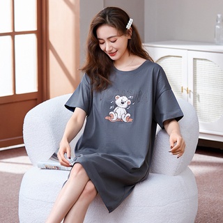Đầm Suông Nữ Chất Cotton Mềm Mát Tay Lỡ Form Rộng Basic Hình In Chú Gấu Trắng Tới 70kg TTDS0237