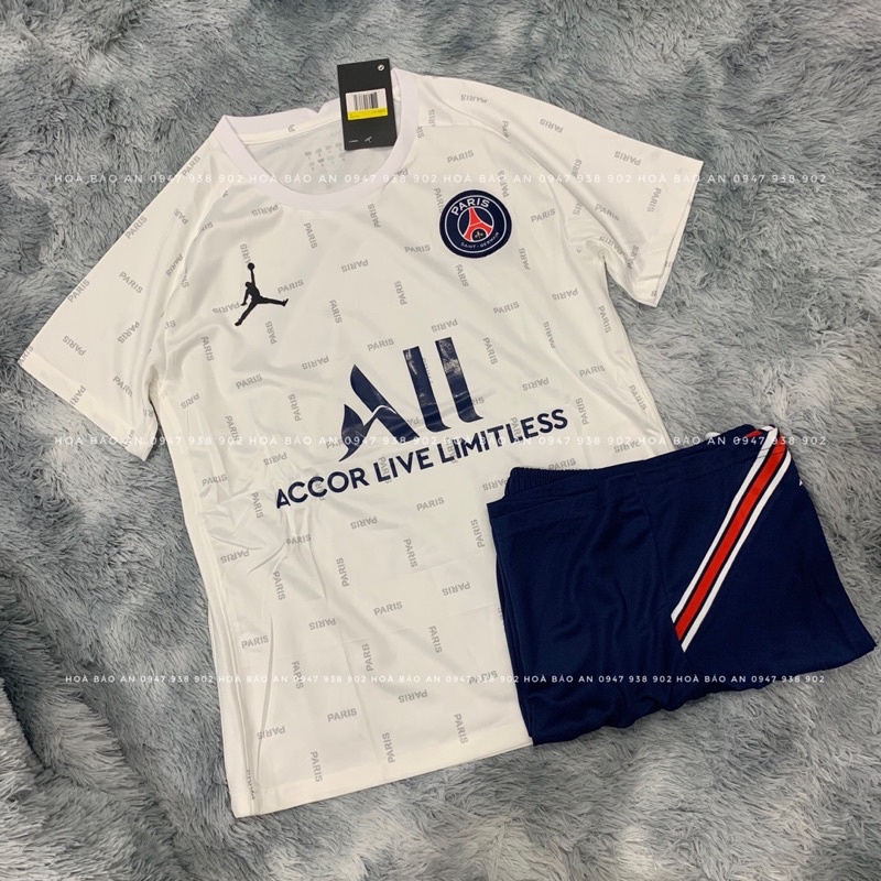 Bộ quần áo đá banh clb pari/psg màu trắng full chữ hàng cao cấp 2023
