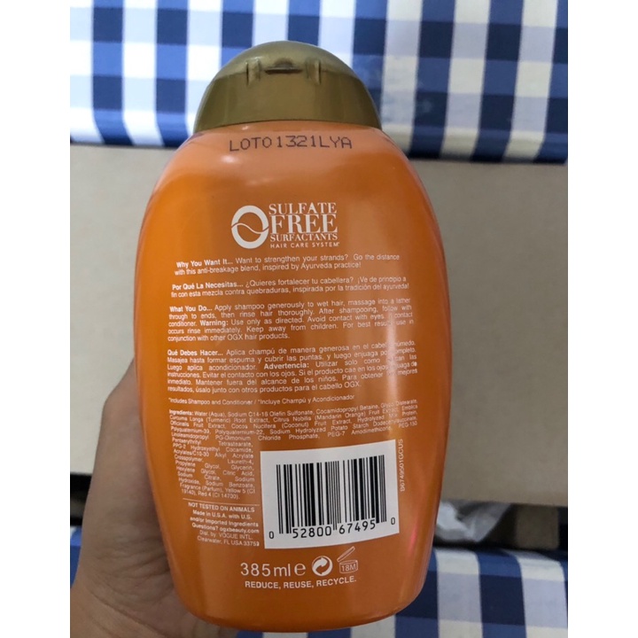 Dầu gội OGX Strength Length + Golden Turmeric 385ml của Mỹ-  Chiết xuất nghệ và sữa dừa