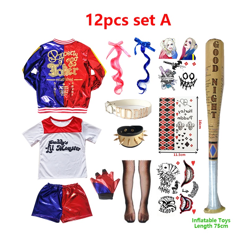 Harley Quinn trang phục cosplay Halloween trẻ em cô gái Suicide Squad áo thun quần short tóc giả lễ hội trang phục