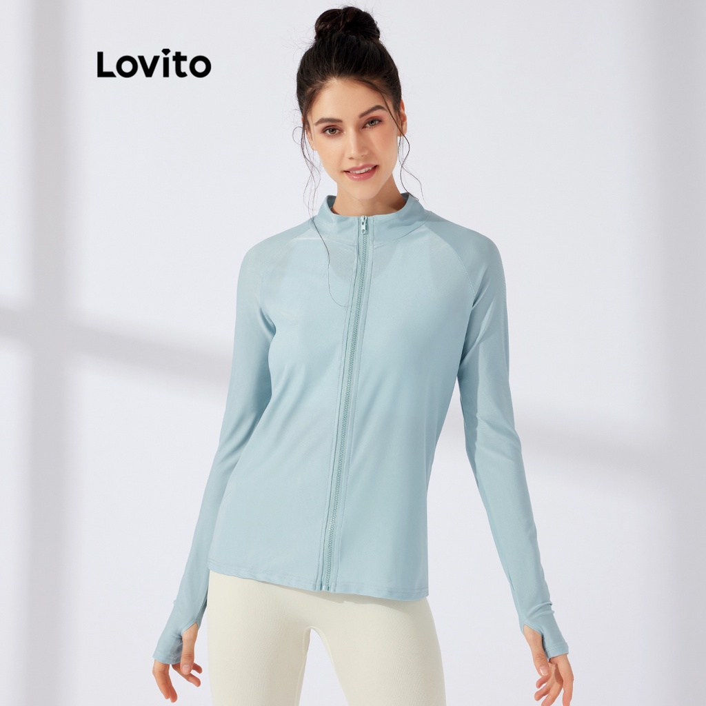 Áo khoác thể thao Lovito màu trơn dây kéo tay áo raglan L23AD019 (màu xanh lam nhạt)