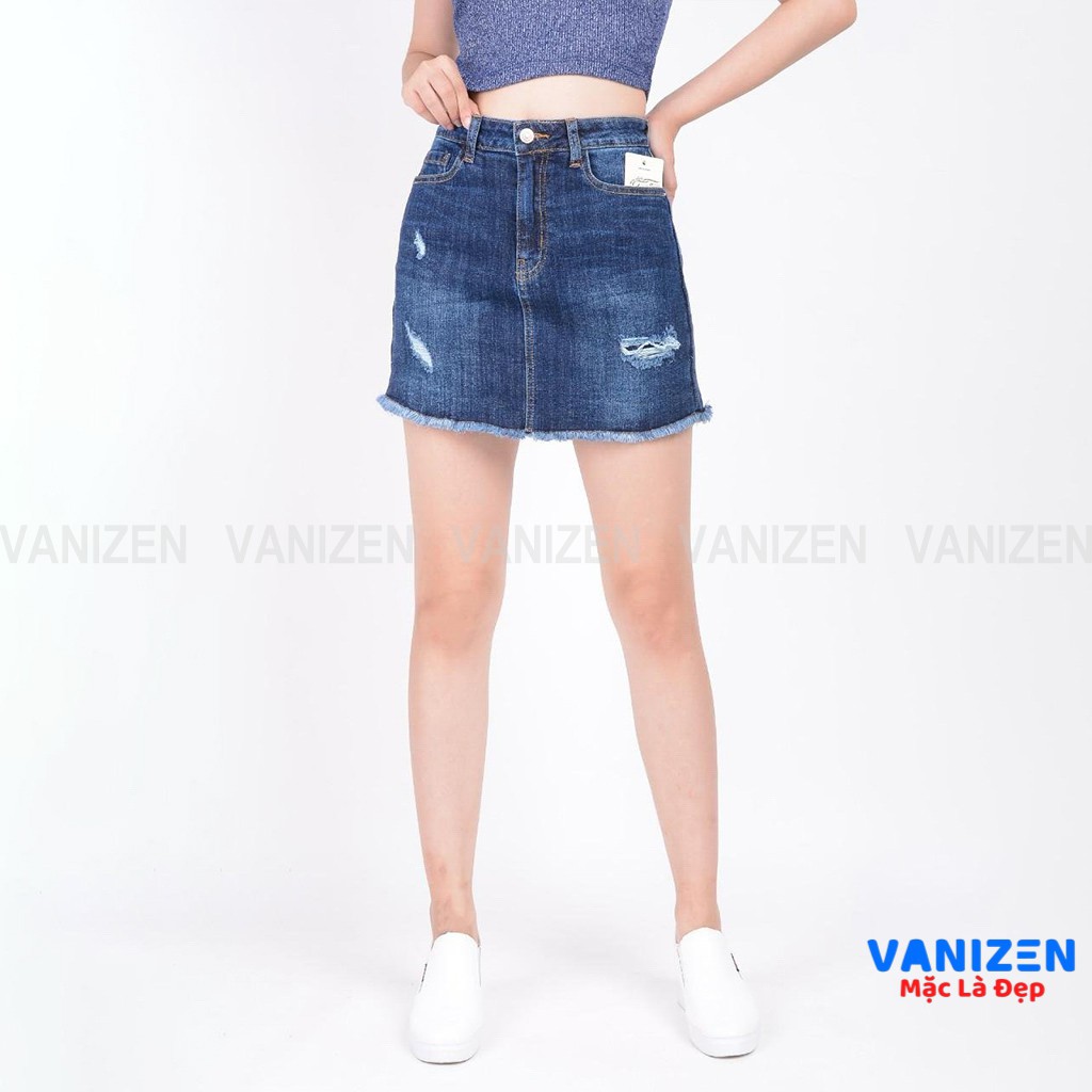 Chân váy jean nữ có quần bên trong đẹp lưng cao cạp cao rách nhẹ gấu tua rua hàng hiệu cao cấp mã 404 VANIZEN