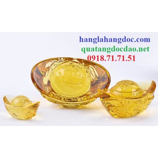 Thỏi vàng kim nguyên bảo pha lê (5cm), chạm rồng phong thủy cầu tài lộc VK5