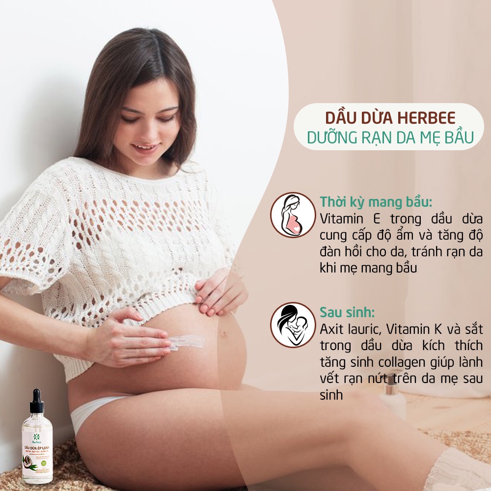 Dầu Dừa Ép Lạnh Herbee 100ml, Massage Cho Trẻ Sơ Sinh, Làm Mờ Vết Rạn Da, 100% Chiết Xuất Tự Nhiên