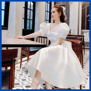Váy Thiết Kế Xòe a thiết kế hàn quốc, Váy xòe a trắng cổ vuông tay bồng, nơ lưng cá tính KMC