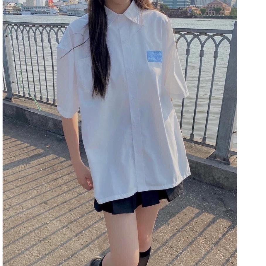 Áo sơ mi tay lỡ phom rộng unisex logo ONE UNISEX nam nữ trắng kiểu dáng ullazang basic cá tính, áo sơ mi nam nữ mùa hè