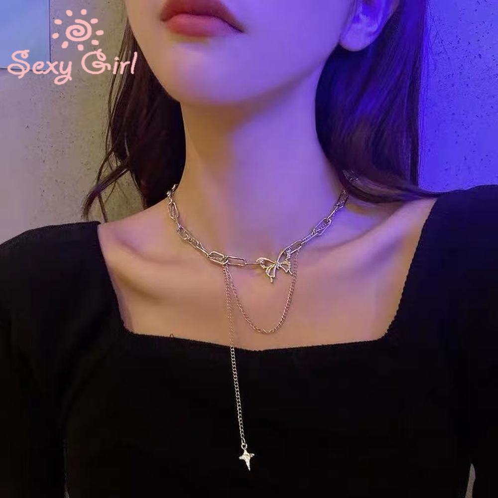 Vòng cổ Sợi Xích Dáng Dài Mặt Hình Bướm Mạ Điện Phong Cách Hip hop Thời Trang Quyến Rũ Cho