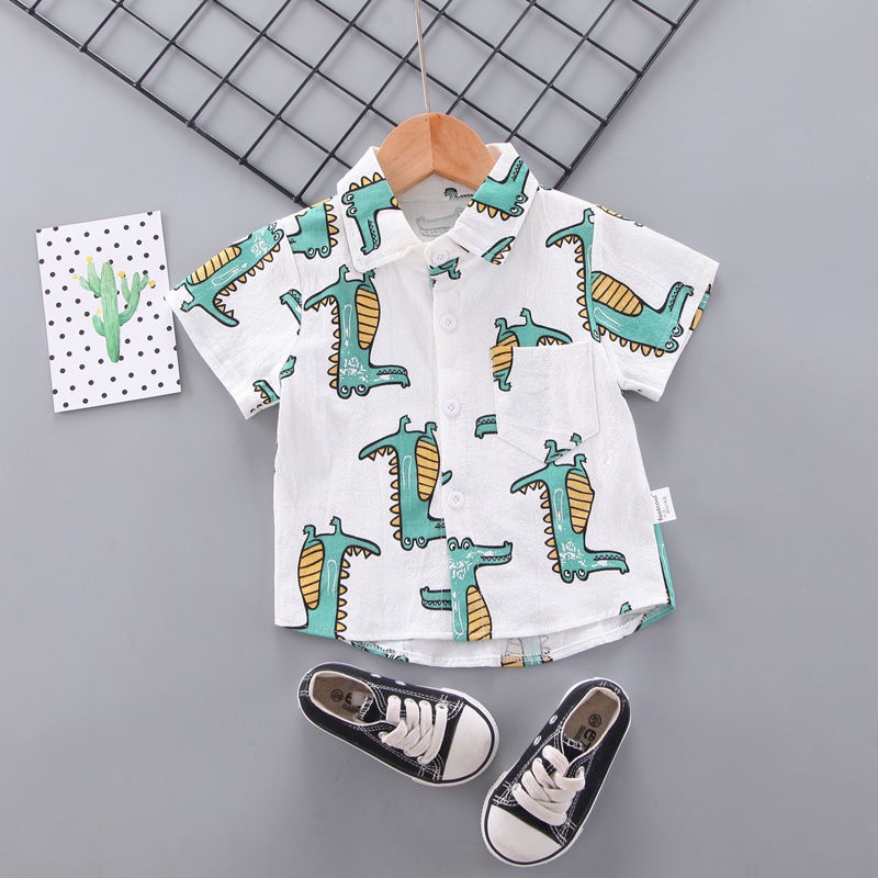 Áo Sơ Mi Ngắn Tay In Hoạt Hình Máy Xúc Kiểu Hàn Quốc Thời Trang Mùa Hè Cho Bé Trai