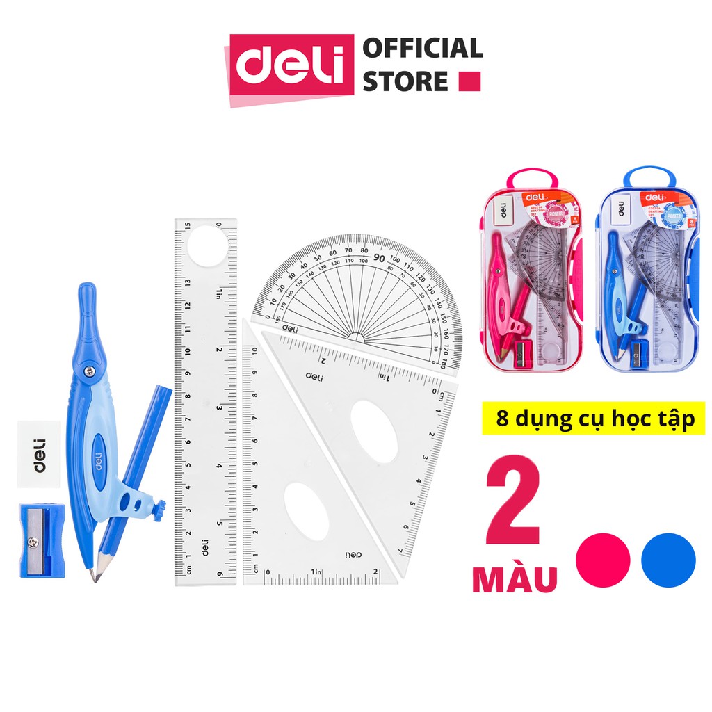 [Mã LIFEDL44 giảm 50K đơn 99K] Bộ compa eke Deli, hồng/xanh dương, gồm 8 dụng cụ/bộ - EG30204