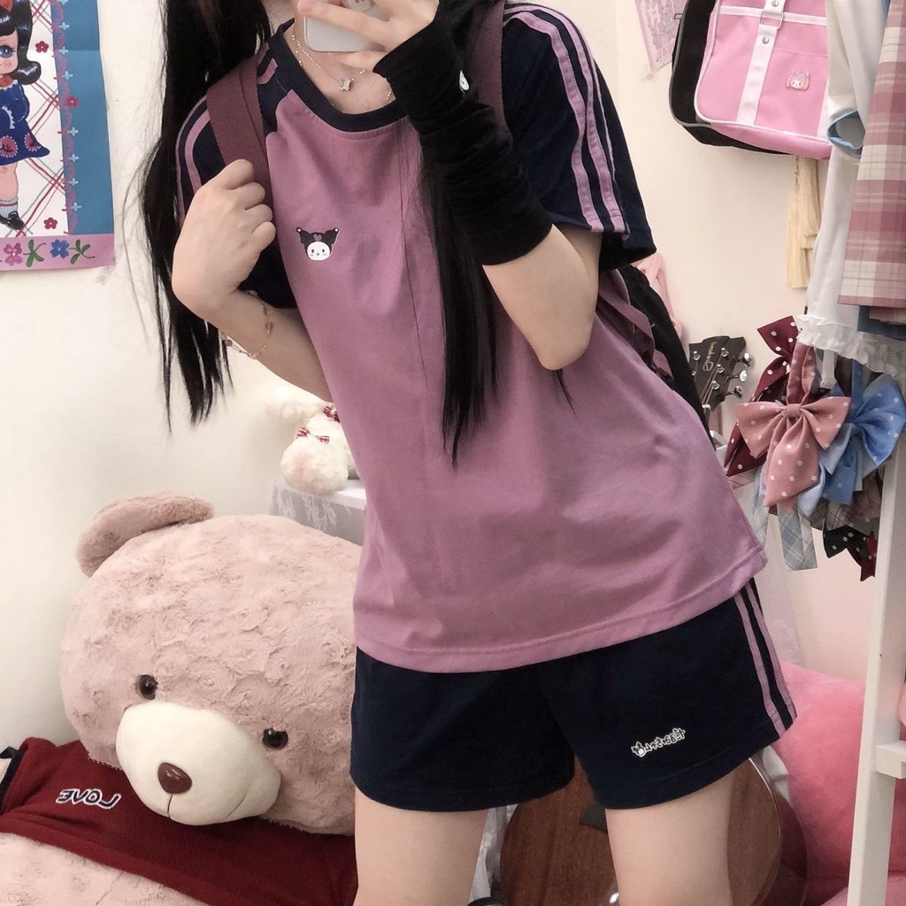 Bộ Đồ Thể Thao Áo Tay Ngắn Quần Short Dáng Rộng Mềm Mại In Họa Tiết Kuromi Phong Cách Nhật Bản Dành Cho Nữ Sinh