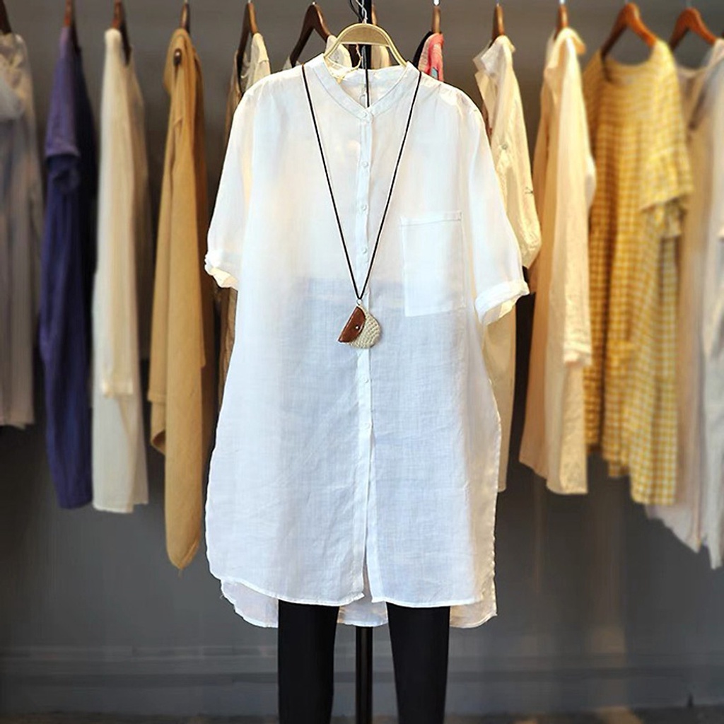 Sơ mi dáng dài Linen bột Premium cổ tàu tay lỡ trẻ trung
