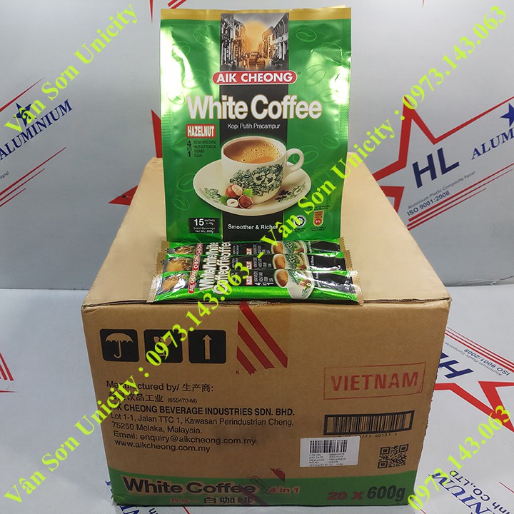 Thùng Cà phê trắng vị Hạt Phỉ (Hazelnut) Aik Cheong 20 bịch 600g (15 gói dài * 40g)