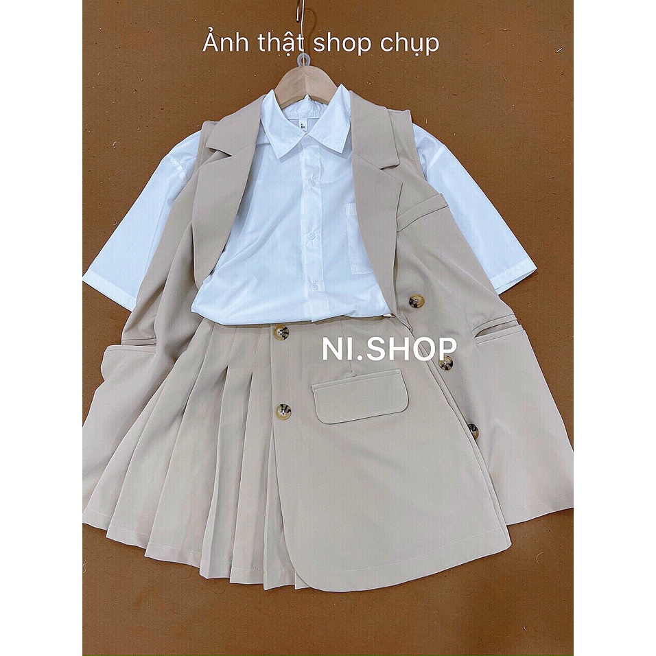 Set vest áo blazer váy xếp ly màu nâu be sang chảnh - Ảnh thật | WebRaoVat - webraovat.net.vn