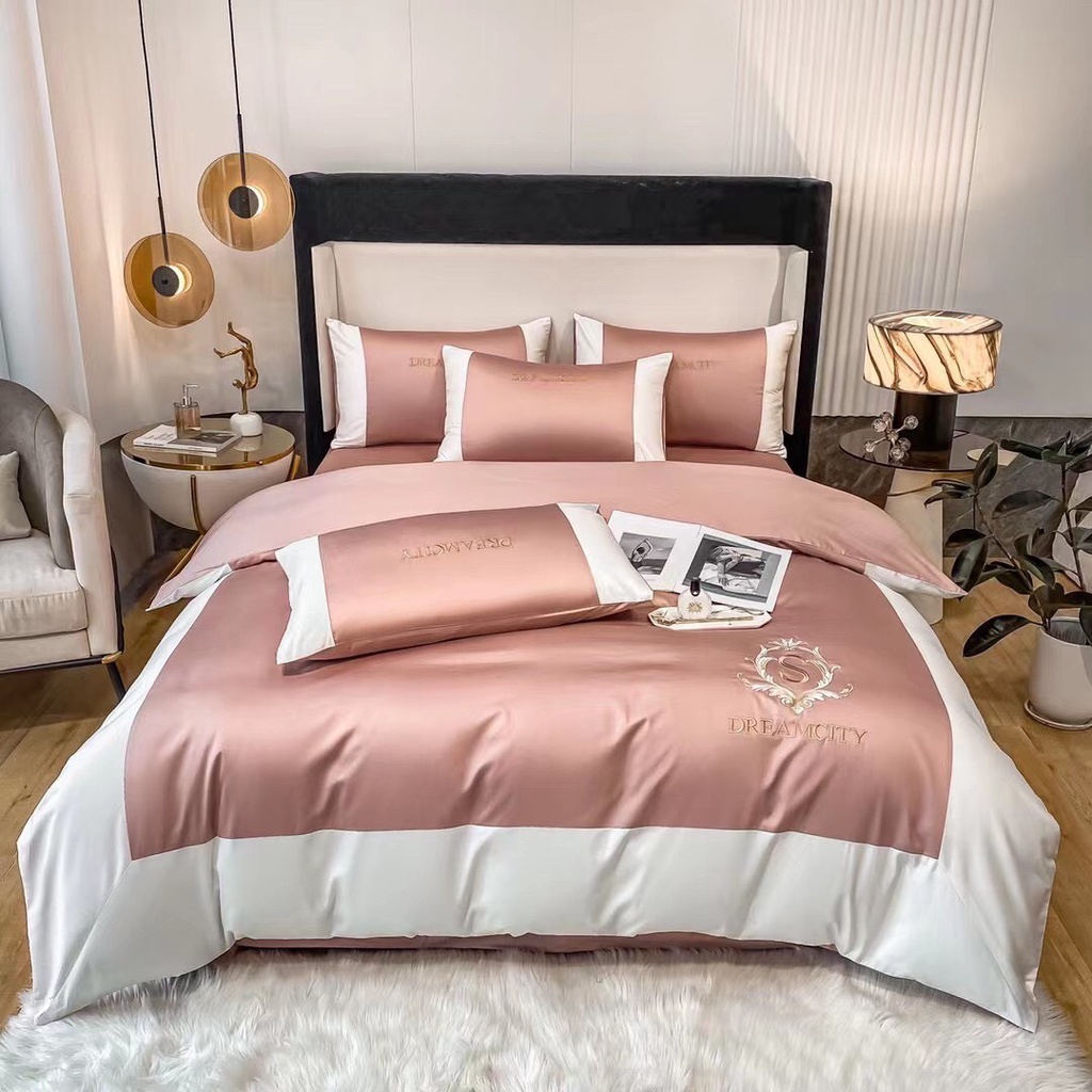 Bộ chăn ga gối lụa cotton Dream City phối màu sang trọng, chăn ga gối 4 món nhập khẩu cao cấp mềm mịn thoáng mát
