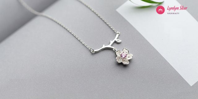 Dây chuyền nữ hoa anh đào pha lê hồng Lymlym Silver bạc 925 cao cấp