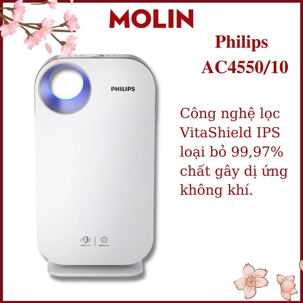 Máy lọc không khí Philips AC4550/10 chứa bộ lọc HEPA và than hoạt tính có kết nối với ứng dụng trên điện thoại