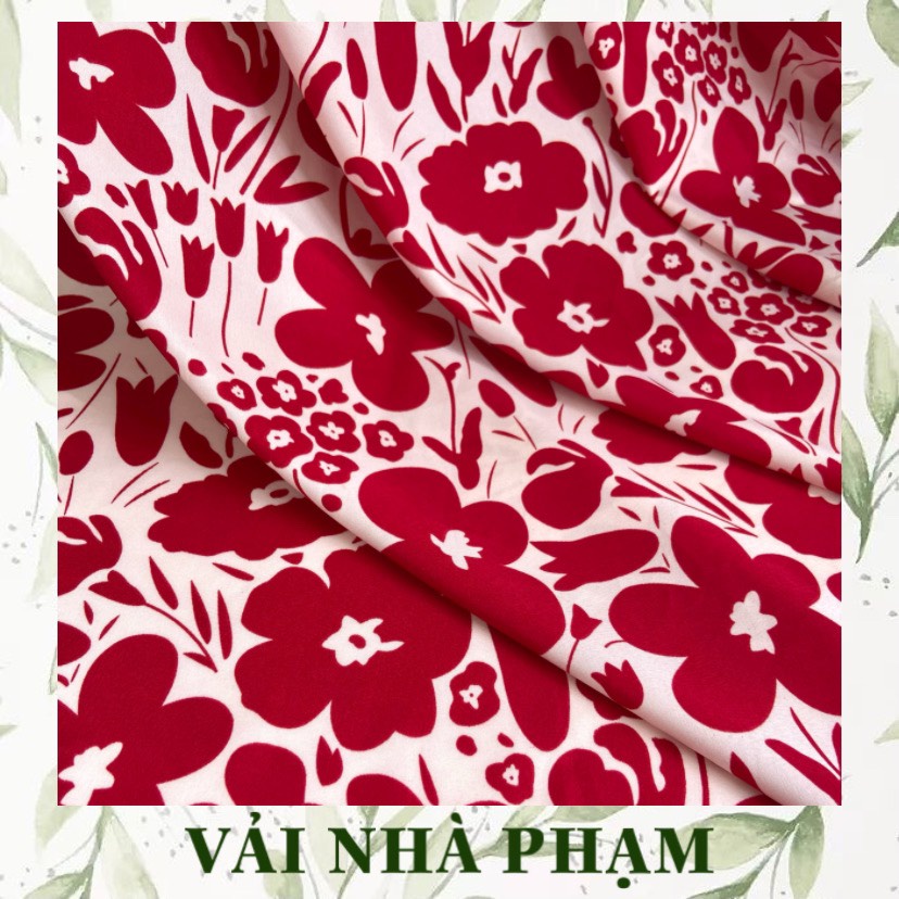 LỤA 100D HOẠ TIẾT HOA TO MÀU ĐỎ HỒNG NỀN TRẮNG KEM - KHỔ VẢI 1.5M - VẢI NHÀ PHẠM
