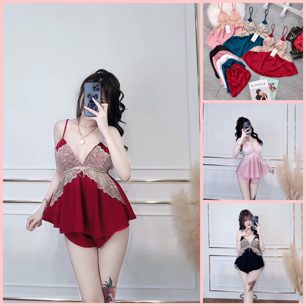 ✅ Đồ ngủ 2 dây ✅ Đồ Ngủ lụa satin viền ren cột nơ cao cấp quần đùi ⚛ đồ bộ Lụa Mặc nhà freesize 55kg
