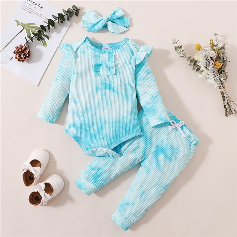 Set romper + quần + băng đô Mikrdoo tay dài màu trơn xinh xắn dành cho bé gái