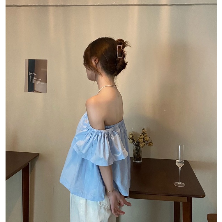 Áo nữ trễ vai SUXI dáng rộng màu trơn thời trang mùa hè phong cách vintage