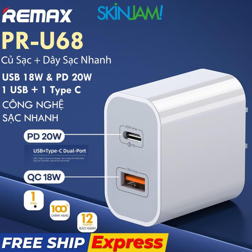 Remax RP-U68 Bộ Sạc Siêu Nhanh Type C 20W | USB 18W Bộ Sạc Nhanh 20W Đầu Tiên Kết 18W Của Remax