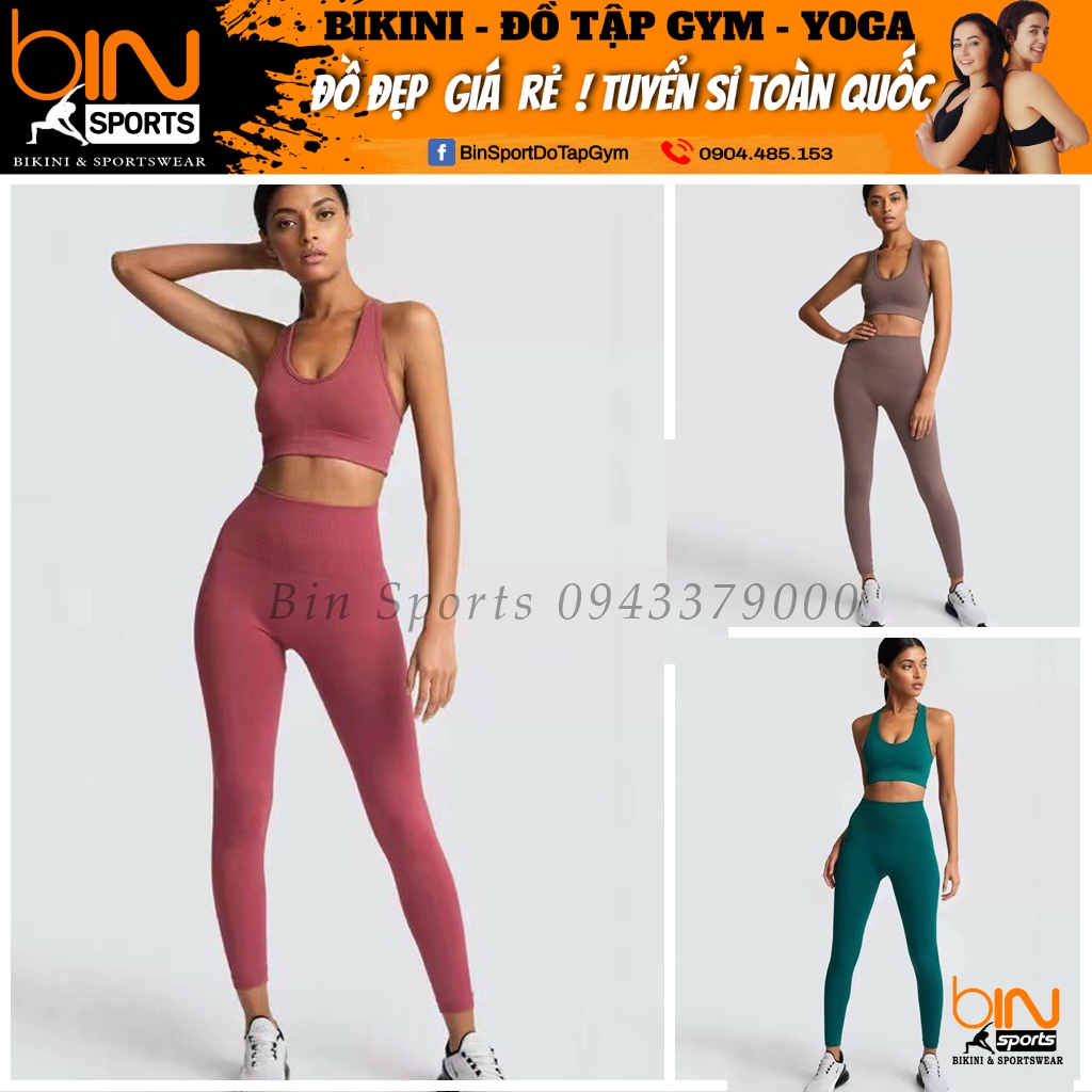Đồ tập gym yoga nữ bộ dệt kim quảng châu cao cấp quần dài áo bra Bin Sport BD121 v2