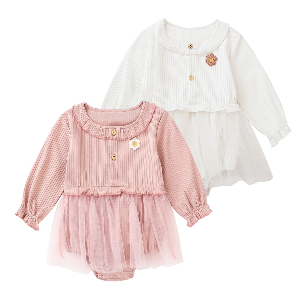 Bộ áo liền quần cotton tay dài phối chân váy lưới dễ thương phong cách công chúa dành cho bé gái