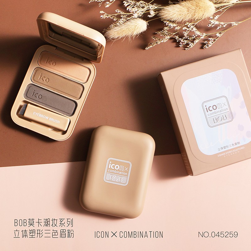 ♕Bảng Phấn Trang Điểm Lông Mày 3 Màu Tự Nhiên Chống Thấm Nước Kèm Cọ Trang Điểm NO.45259