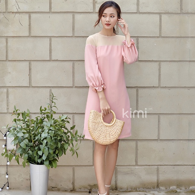 Đầm suông phối ren- hồng ruốc