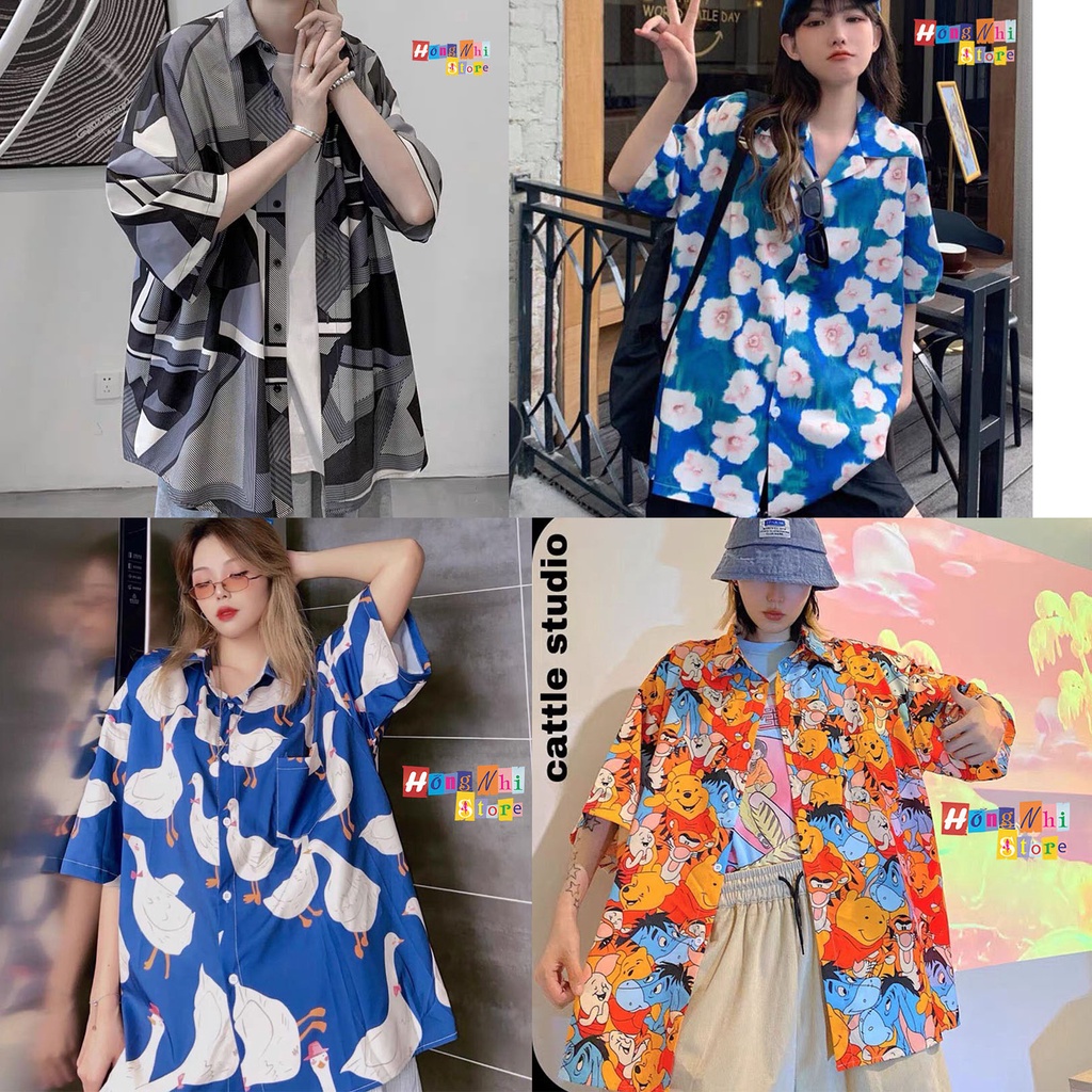 Áo Sơ Mi Họa Tiết Đi Biển Hoạt Hình Tay Lỡ Dáng Rộng Ulzzang Unisex - MM