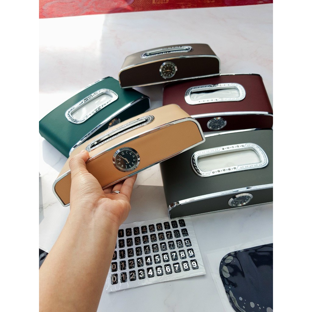 Hộp đựng khăn giấy ô tô, xe hơi -hộp khăn giấy 3in1 bọc da mạ viền kim loại cao cấp màu đen, kem, nâu, ghi, đỏ, xanh lá