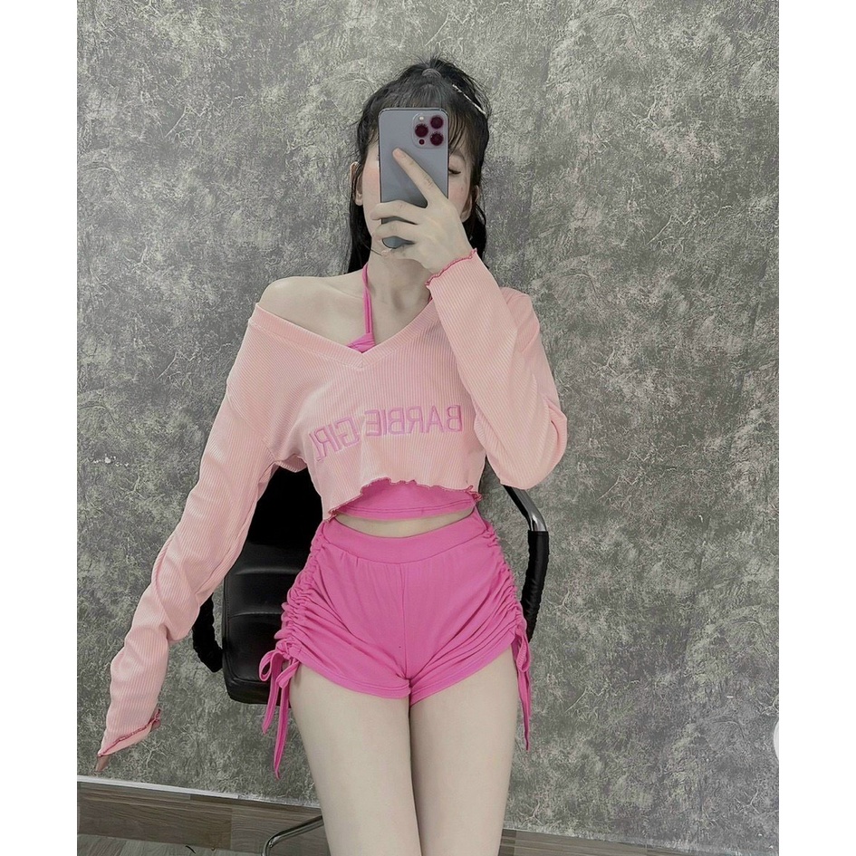 Sét bộ 3 món áo yêm trong phối áo ngoài tay dài cổ tim babie kèm quần đùi rút 2 bên cực hot , chất thun gân mềm mịn ly