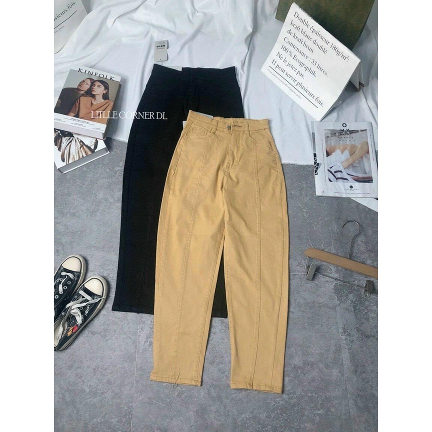 Quần kaki nữ có BIGSIZE ly giữa co dãn nhẹ ống suông ôm baggy 2 màu đen kaki basic lưng cao