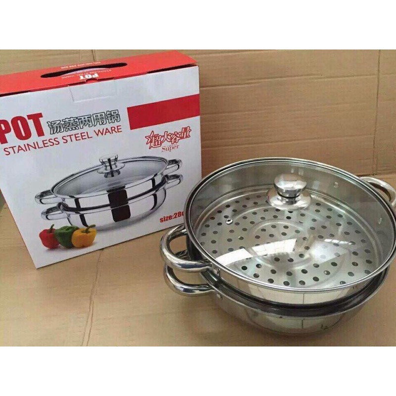 Nồi Hấp Inox 2 Tầng Hotpot Size 28cm Đa Năng Cao Cấp Dùng Cho Mọi Loại Bếp